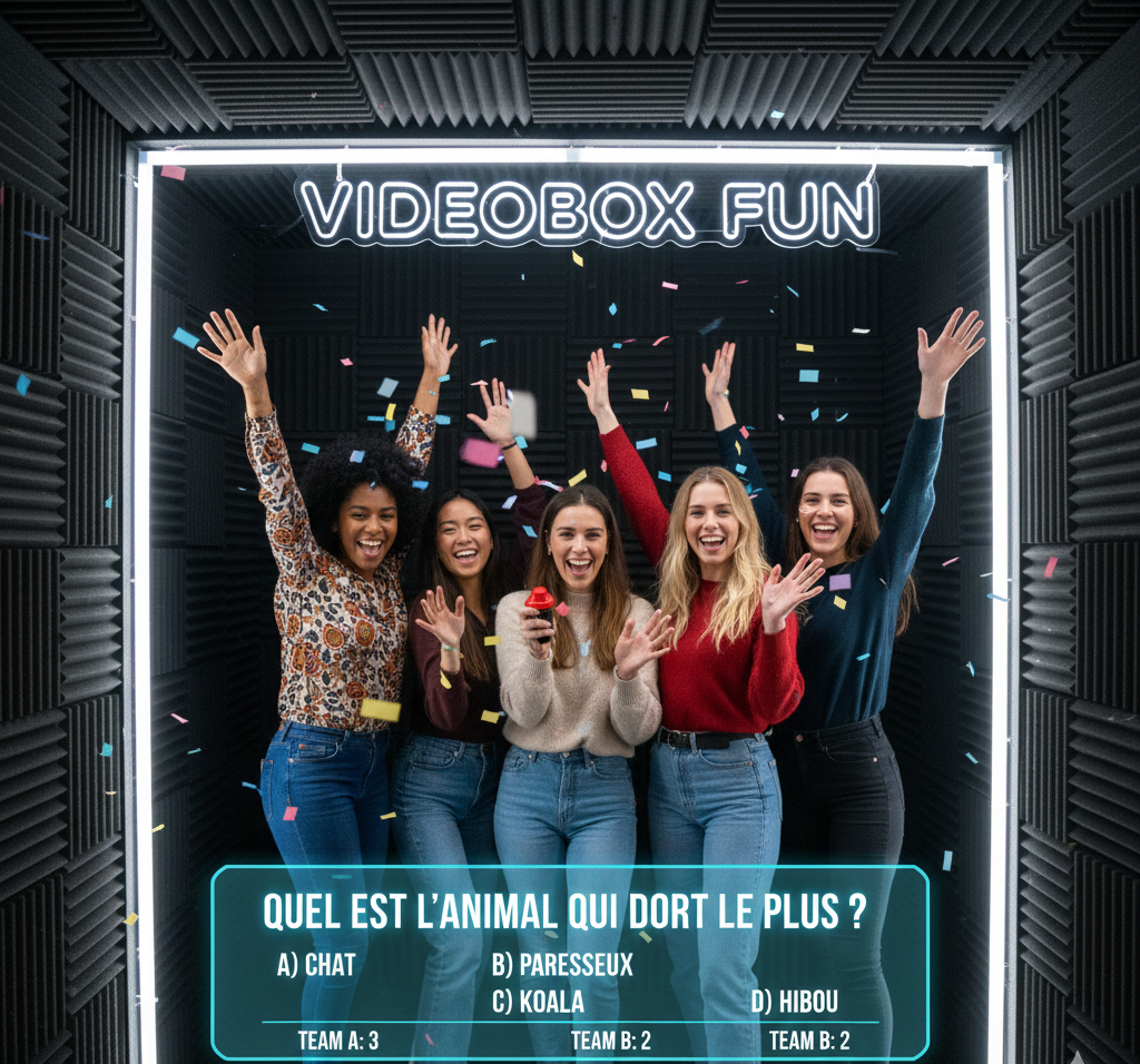 Photo à l'intérieur de la video box fun montrant des questions pour une animation quiz