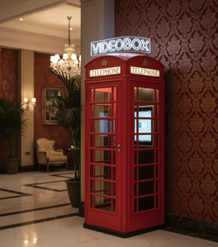 Exemple de vidéo box en forme de cabine téléphonique anglaise dans un hôtel