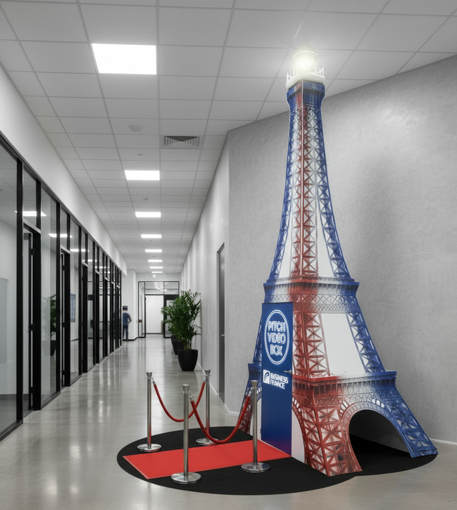 Exemple de vidéo box en forme de tour Eiffel dans une entreprise pour le service ressources humaines