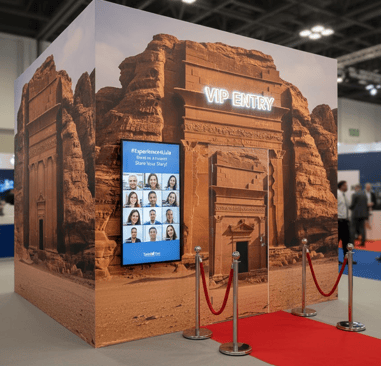 Exemple de Vidéo Box sur mesure habillée d’une façade représentant un paysage de pays, pour une expérience immersive et locale.